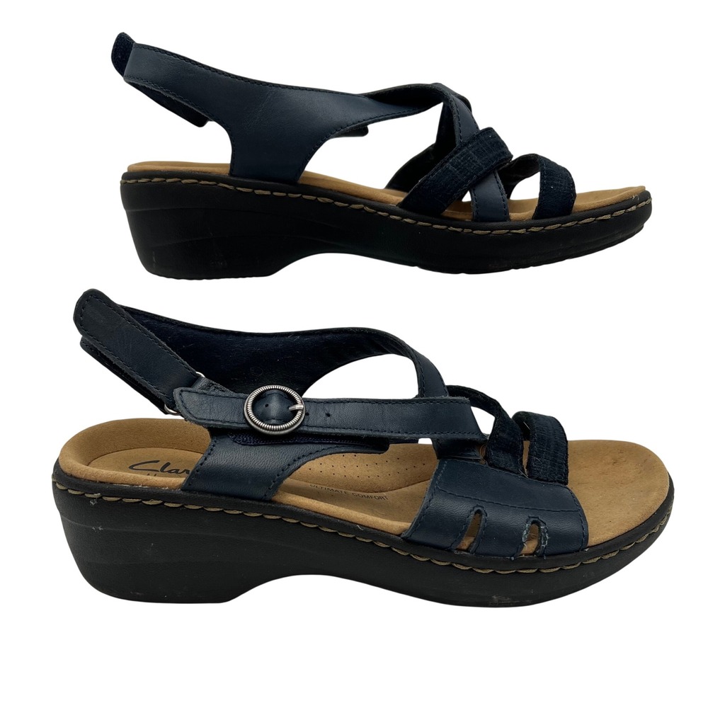 Clarks Collection Merliah Bonita Strappy Wedge Heel Sandals Womens 7 Navy Blue